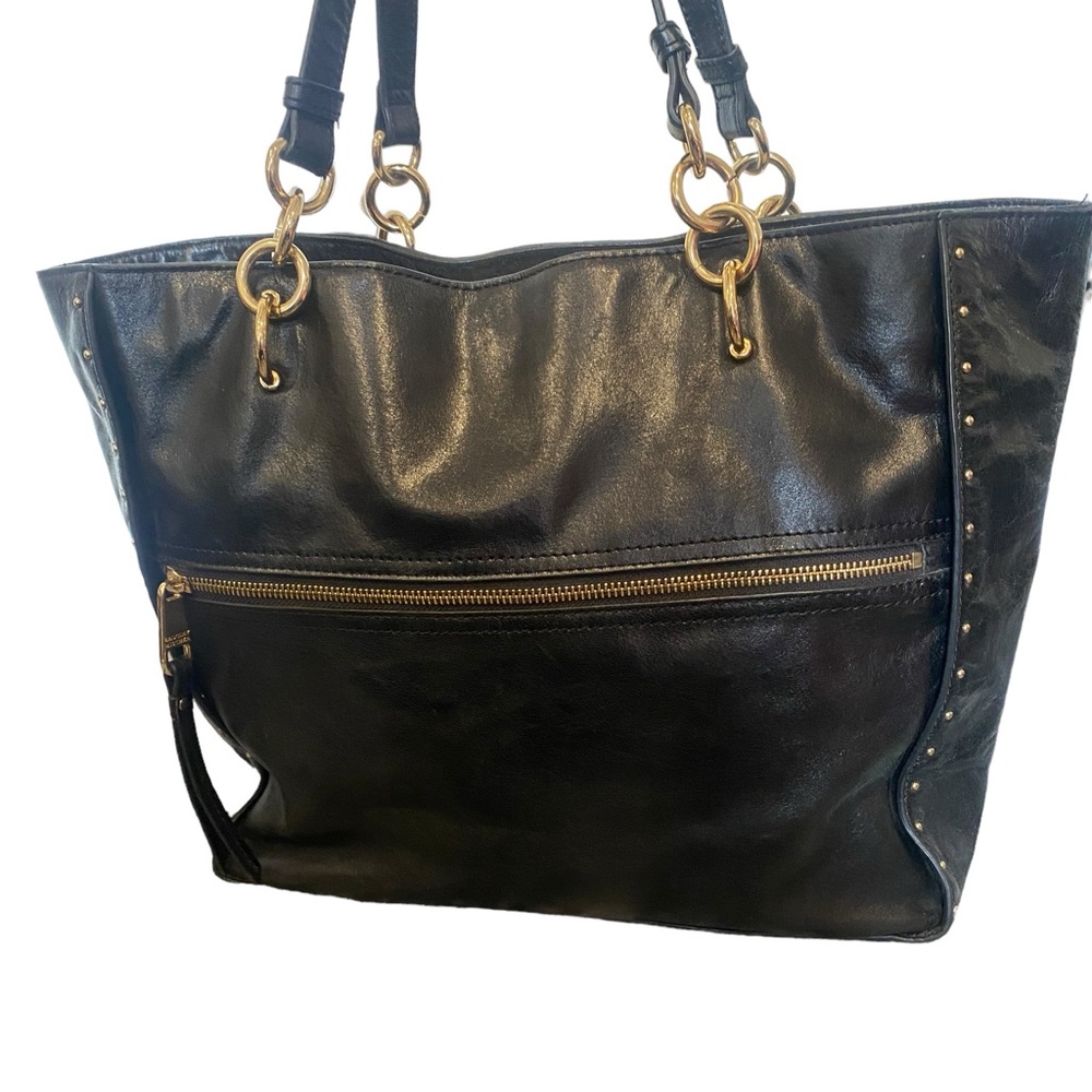 BADGLEY MISCHKA Black Leather Tessa Shine Gold Studded Tote Hand Bag